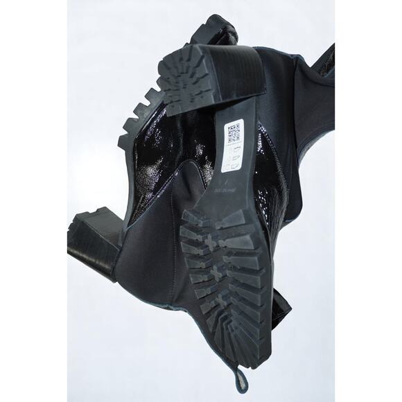 Black Patent Sock Ankle Boots Womens 7 Made in Spain Lug Sole Square Toe Stretch - Picture 3 of 9